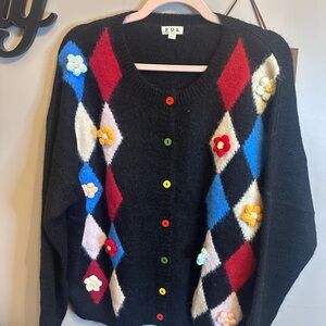 POL Women's Argyle Cardigan - Black, Red, Blue